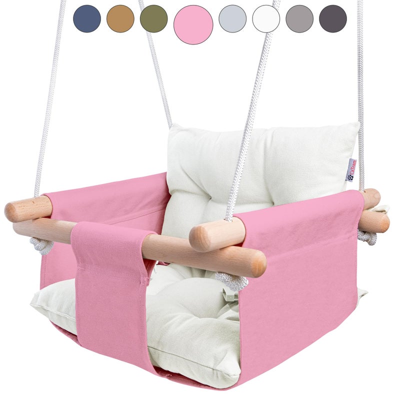 CaTeam - Canvas Baby Swing, Wooden Hanging Swing Seat Chair with Safety Belt, Durable Baby Swing Chair, Outdoor and Indoor Swing for Kids, Mounting Hardware Included, Pink - Image 1